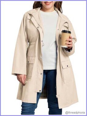 Plus Size Rain Jacket Waterproof Windbreaker Hooded Trench Coat with Pockets